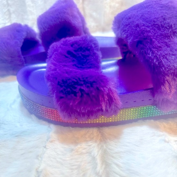 Purple Faux Fur Furry Double Strap Slide In Sandals - Picture 5 of 7